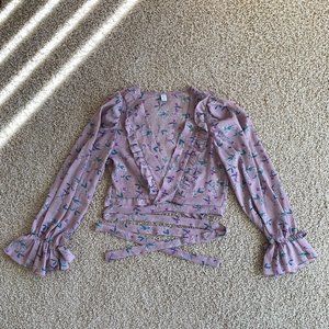 Purple Long-Sleeved Wrap Crop Blouse